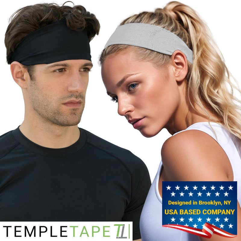 Temple Tape شريط المعبد، رباط رأس للرجال - أربطة رأس رياضية للرجال تمتص الرطوبة لتمارين الجري، والتدريب المتقاطع، والتزلج، وصديقة لخوذة الدراجة - حزمة قيمة - 1-أسود و 1-أبيض - Image 3
